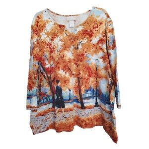Alfred Dunner Woman Studded Autumn Leaves Central Park Scene Knit Top Size 2X